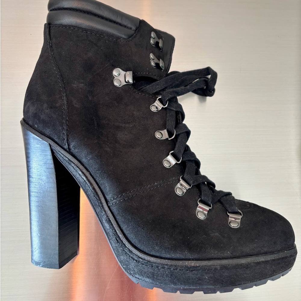 COACH Bootie black Suede 10 B lace up CAROL 5” Block-Heel silver hardware